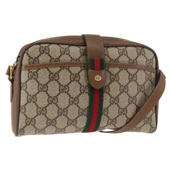 GUCCI GG Canvas Web Sherry Line Shoulder Bag PVC Leather Beige Green